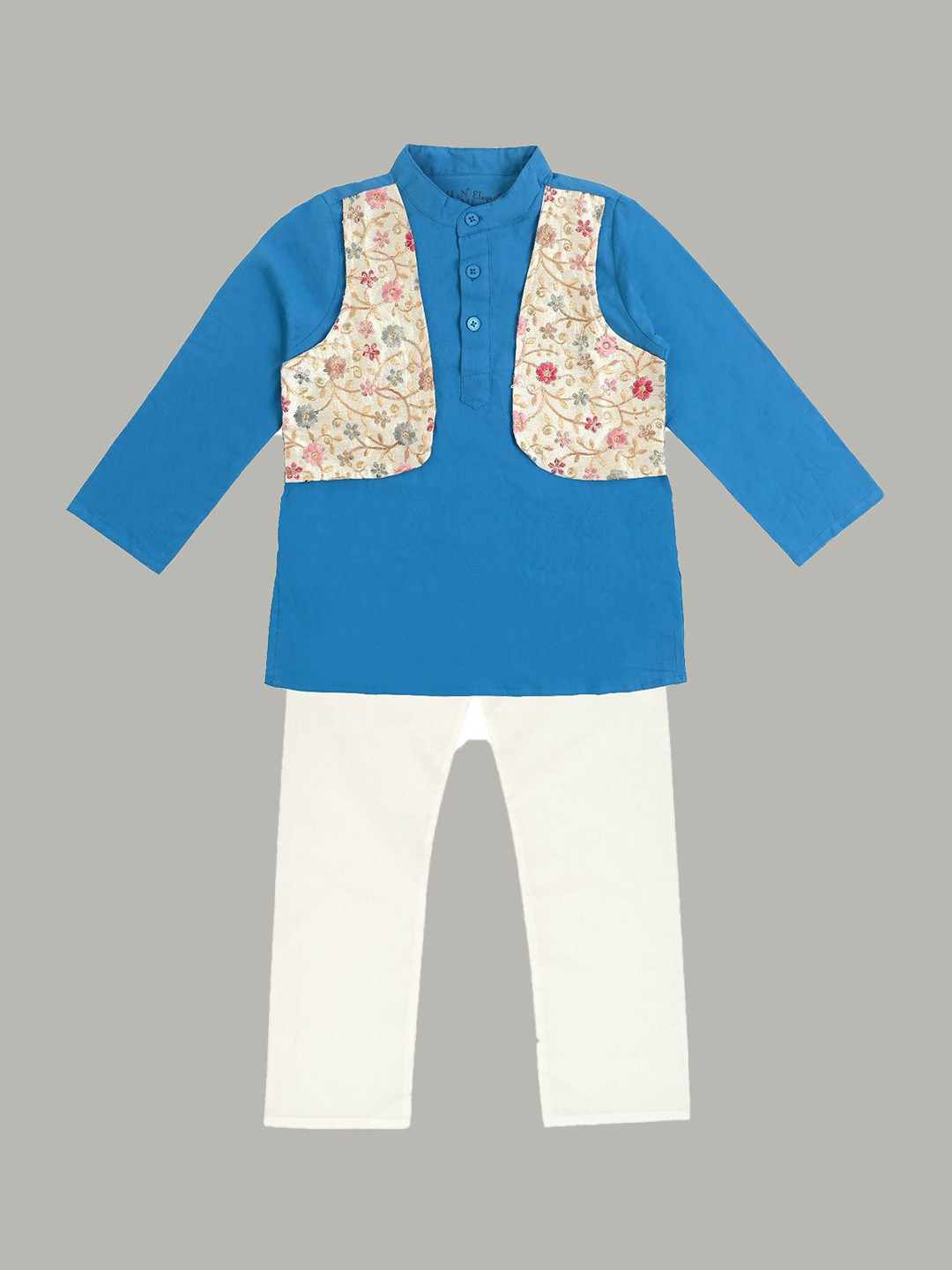 Bold N Elegant Boys Floral Embroidered Sequinned Kurta with Attached Jacket & Pyjamas