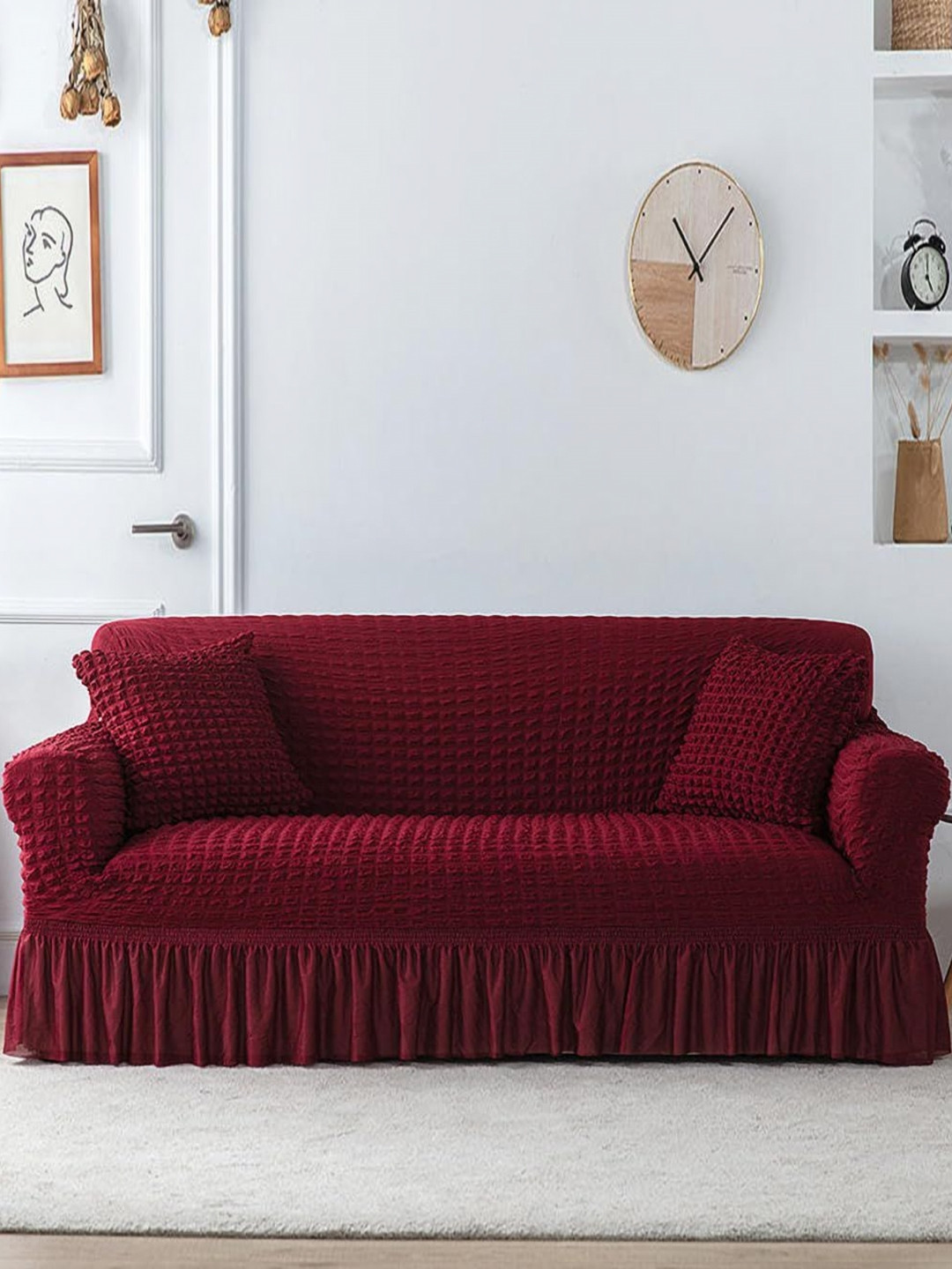 Lukzer Red Self Design Sofa Cover With Arms
