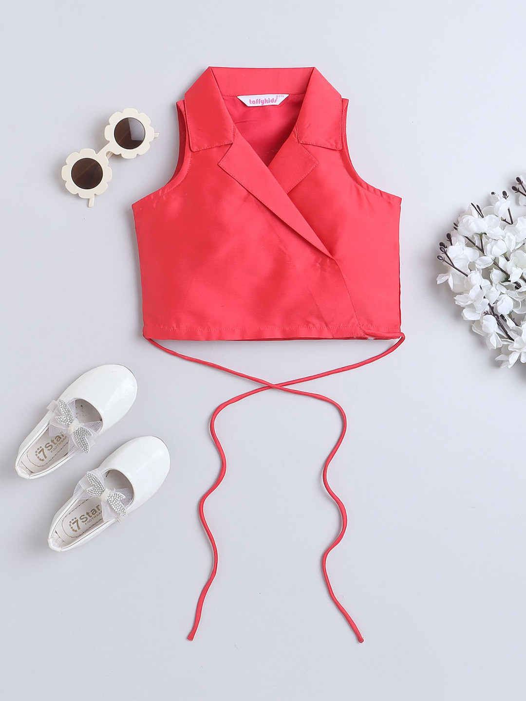 Taffykids Art silk sleeves Solid blazer crop Top-Pink