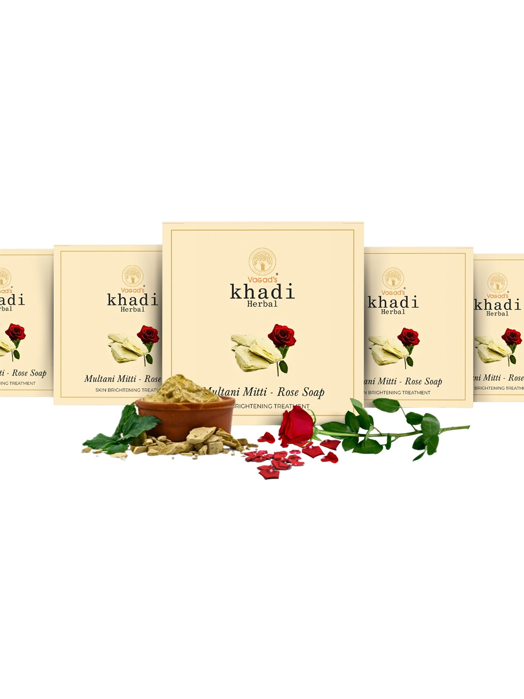 Vagads Set Of 5 Khadi Herbal Multani Mitti & Rose Soaps - 100g Each