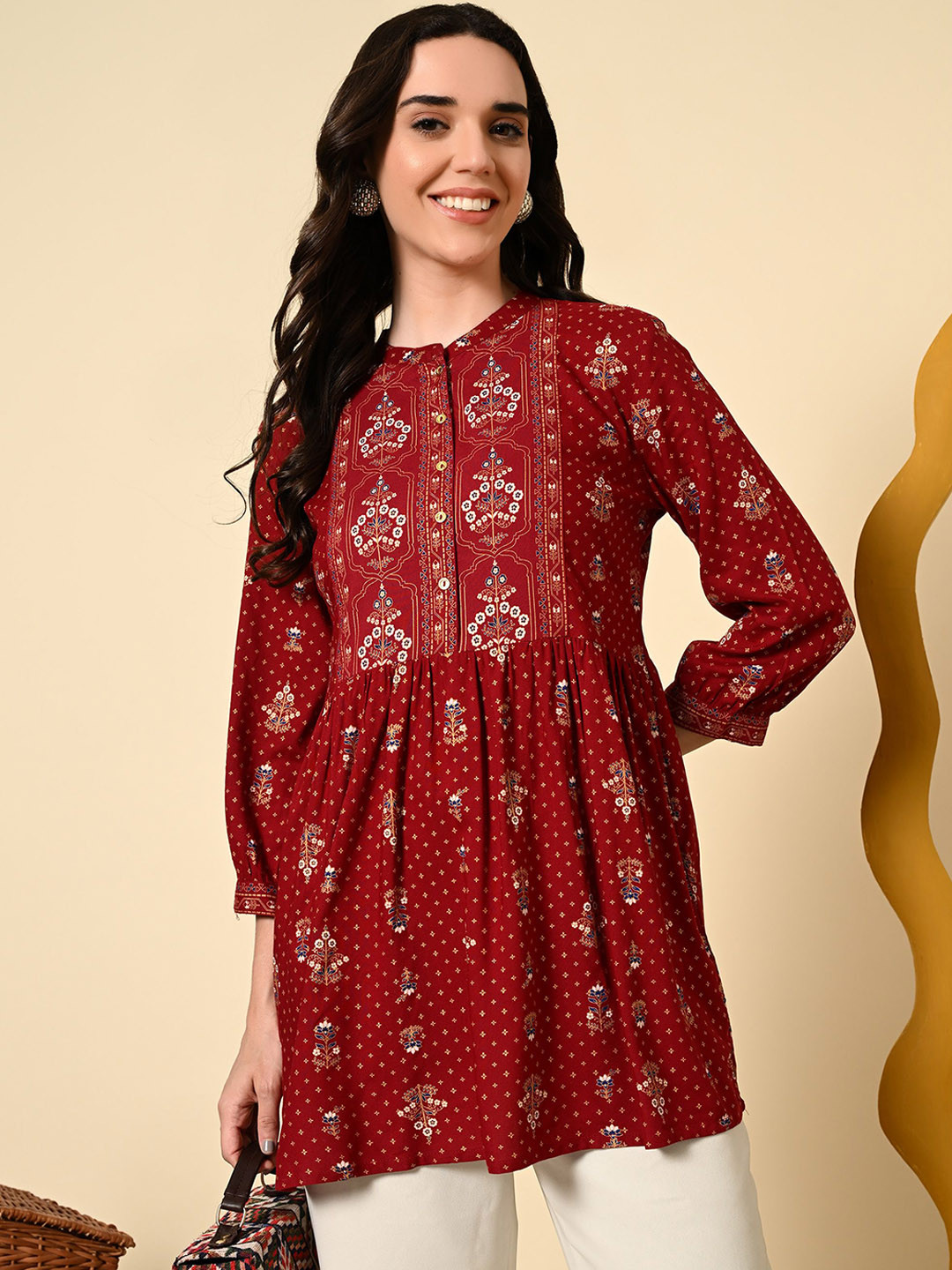 CRENOL THREADS Floral Printed Mandarin Collar A-Line Tunic