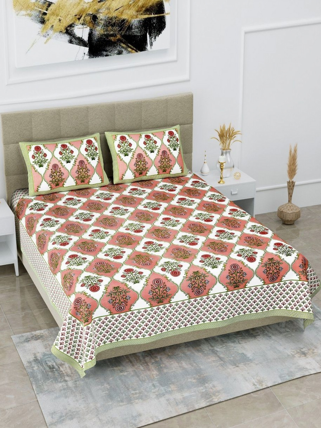 HOMELINE Green Ethnic Motifs Cotton 180 TC Super King Fine Bedsheet with 2 Pillow Covers-100 x 108 inches