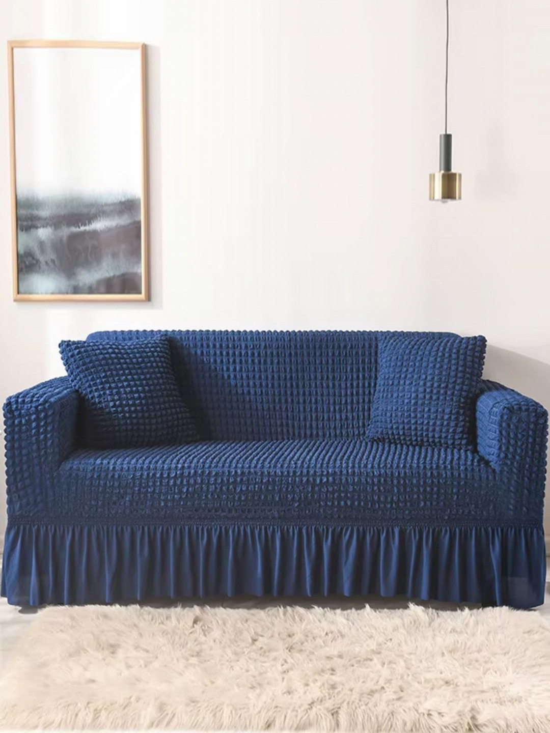Lukzer Navy Blue Self Design Sofa Cover With Arms