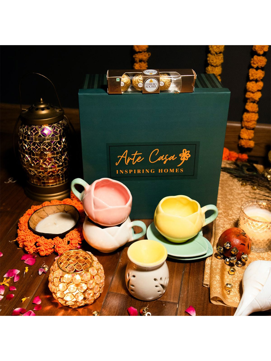 ArteCasa Yellow & Pink 4 Pieces Ceramic Cup & Oil Diffuser Home Gift Set