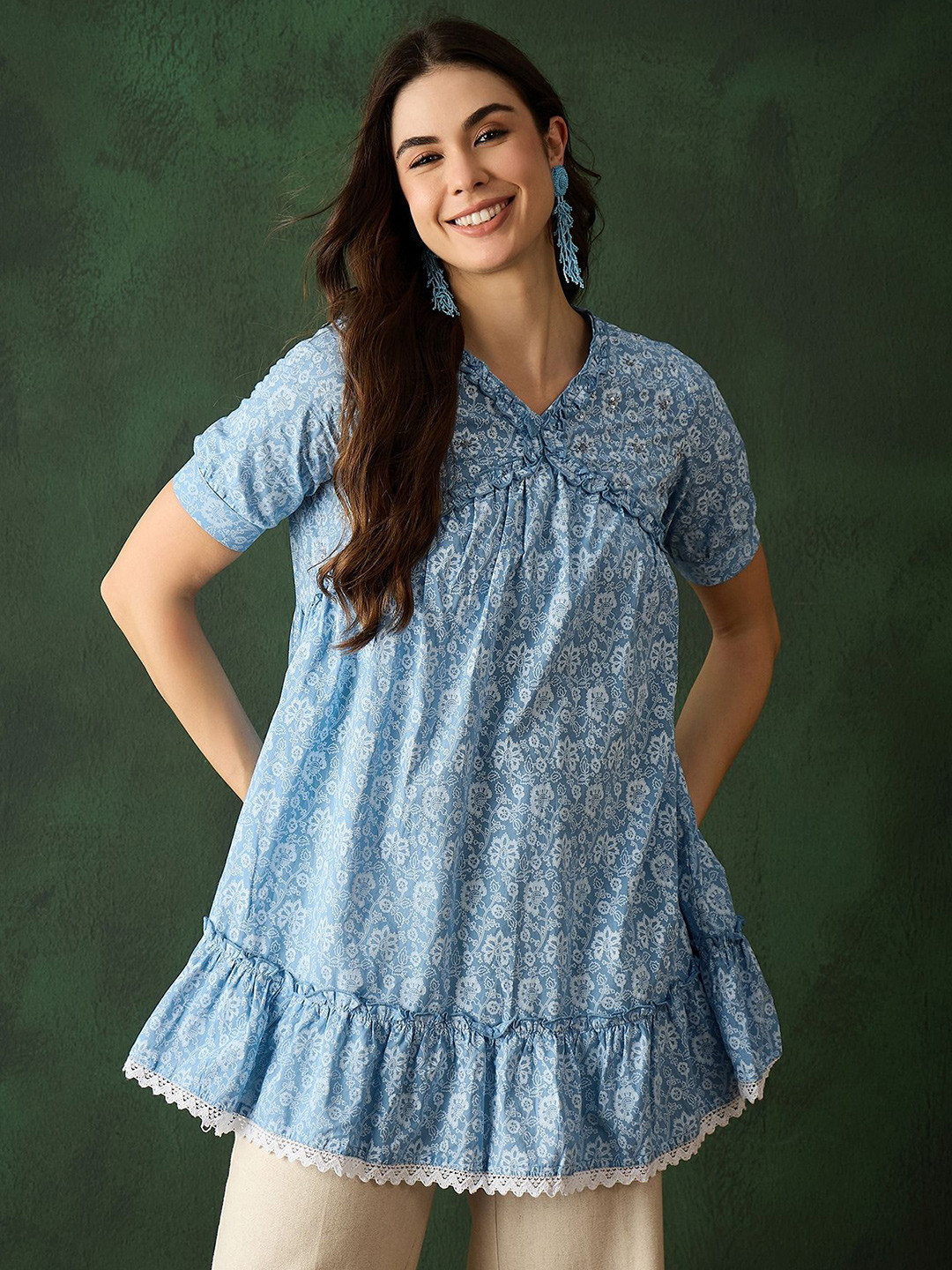 Sangria Women Printed Pure Cotton Short Sleeve Tunics Top