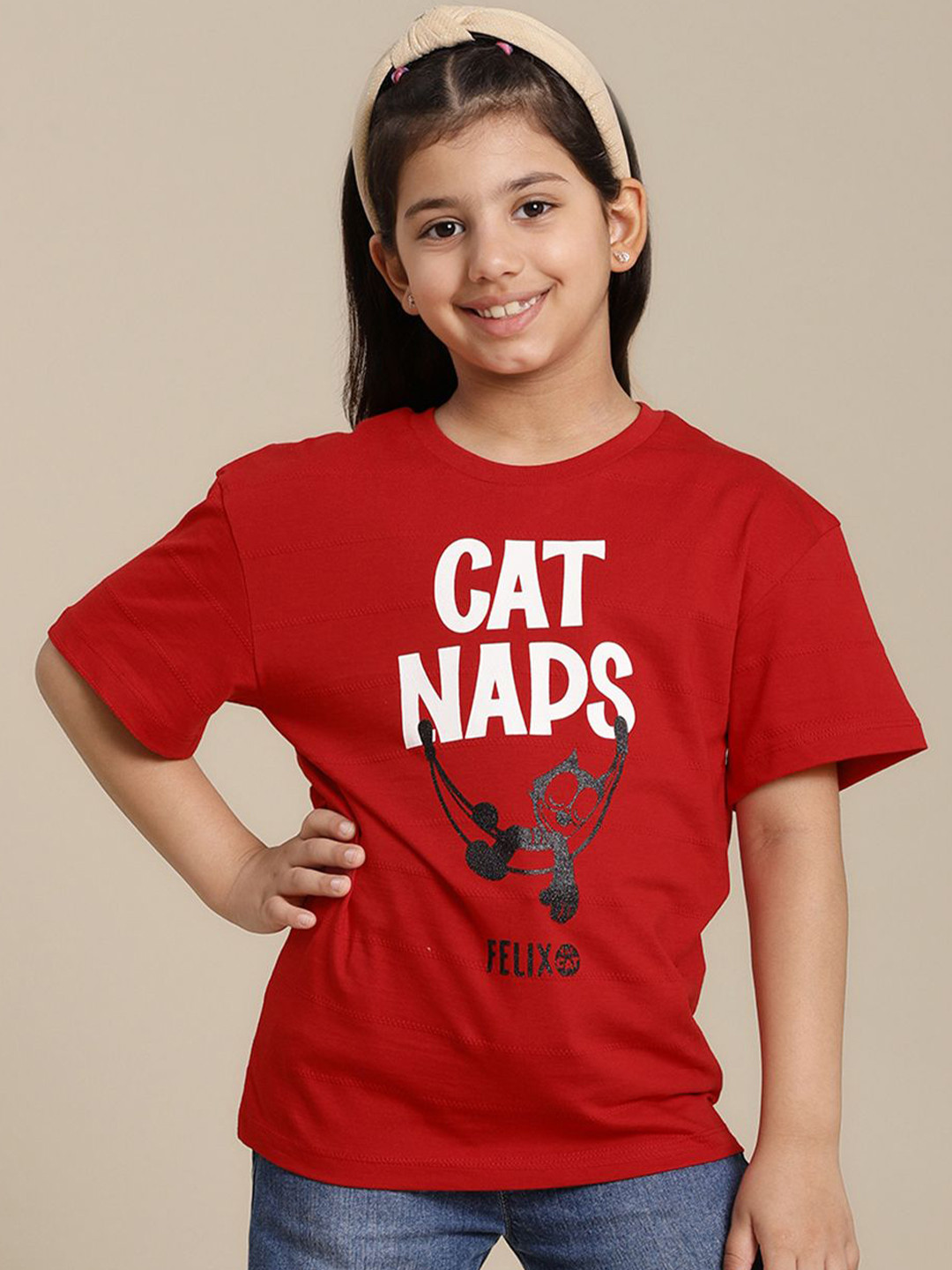 Kids Ville Girls Cat Naps Typography Printed Round Neck Cotton Relaxed Fit T-Shirt