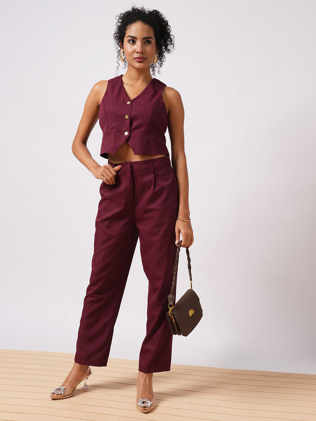 Globus Maroon V-Neck Sleeveless Waistcoat With Pleated Trousers