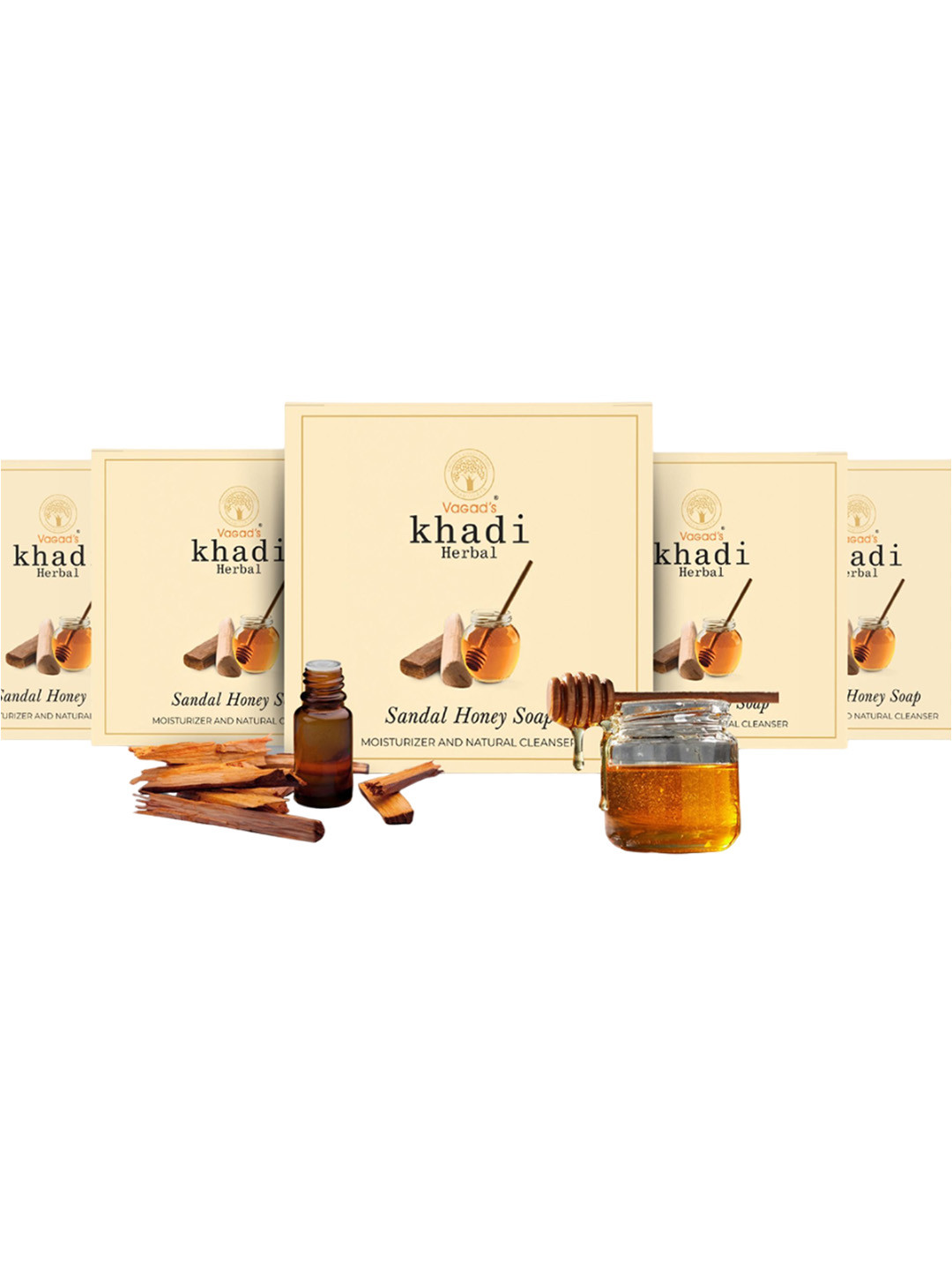 Vagads Khadi Set Of 5 Herbal Sandal & Honey Soaps - 100g Each