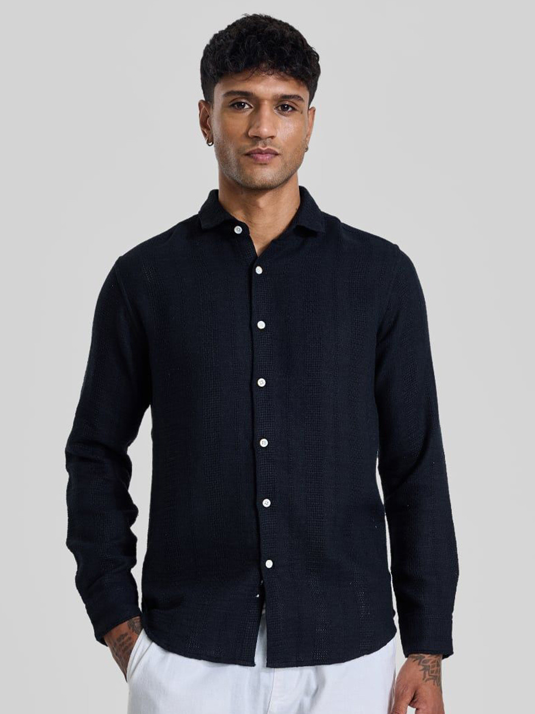 Snitch Men Smart Spread Collar Self Design Slim Fit Casual Shirt