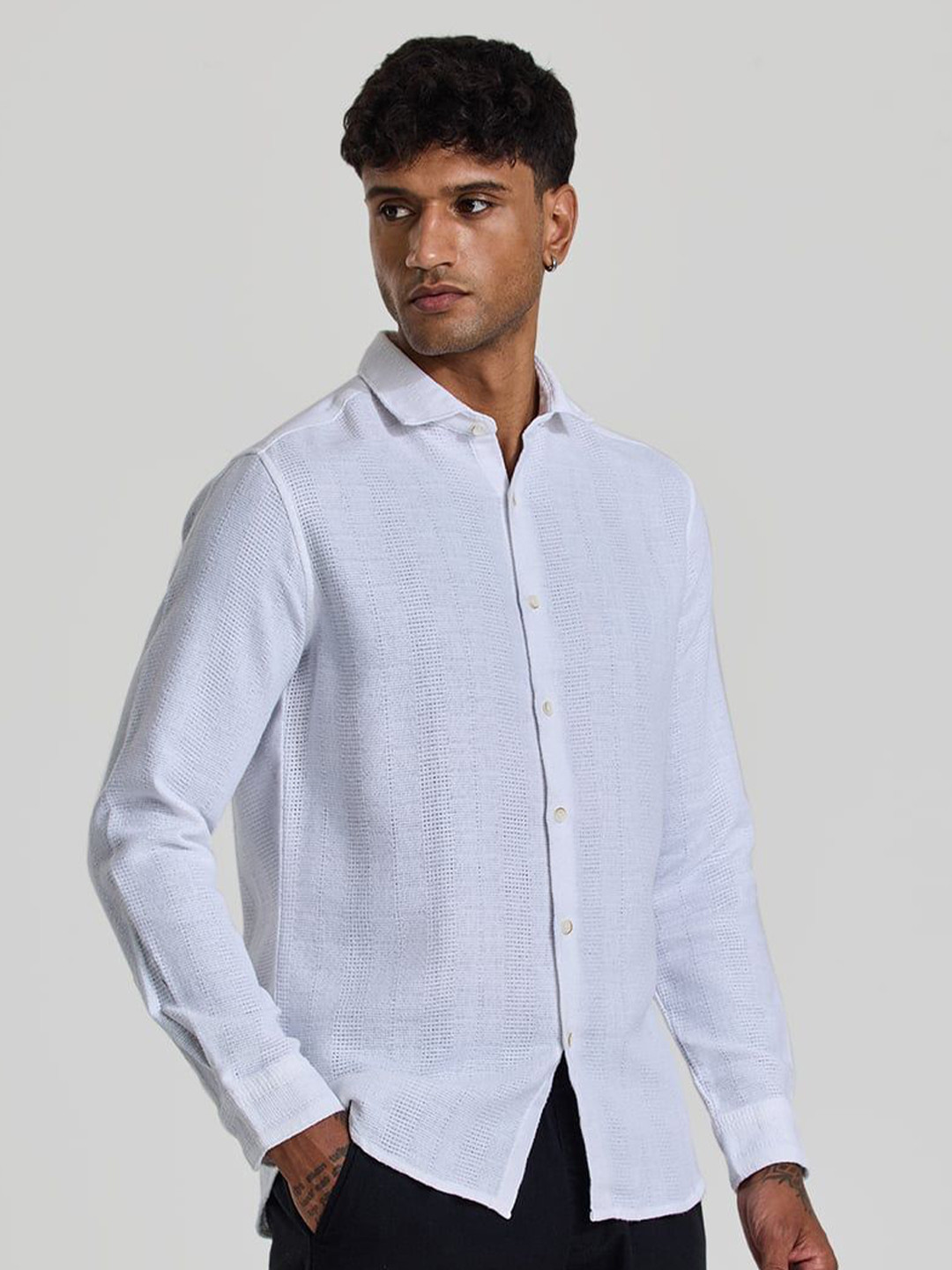 Snitch Men Smart Spread Collar Self Design Slim Fit Casual Shirt