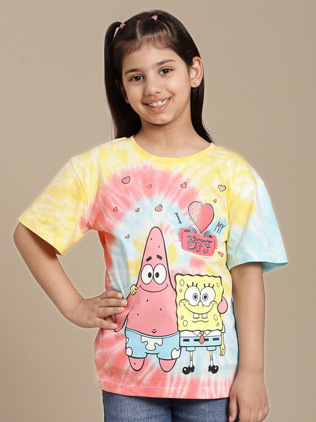 Kids Ville Girls Spongebob Graphic Printed Round Neck Cotton Relaxed Fit T-Shirt