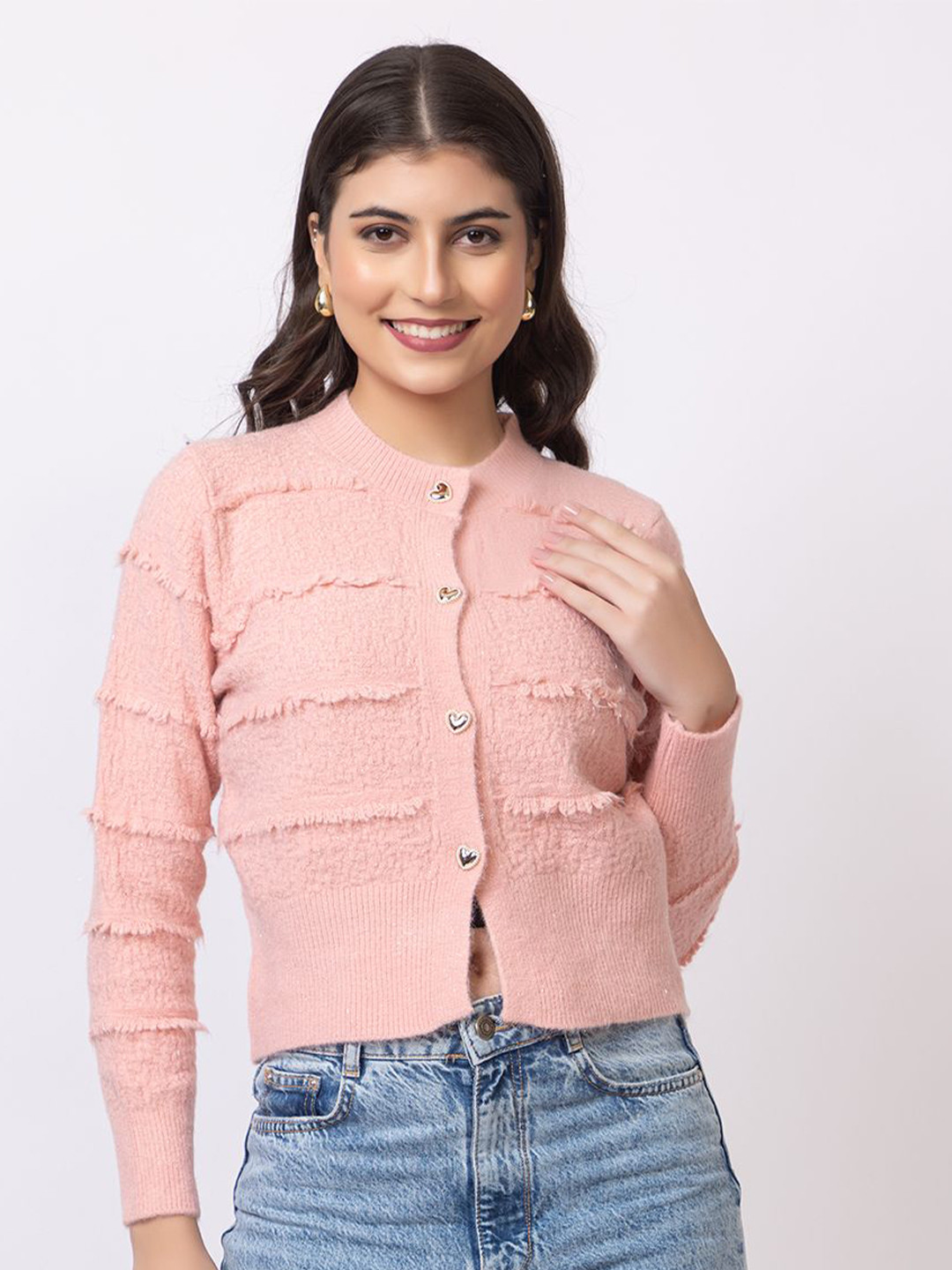 GFO Women Striped Woollen Cropped fur Cardigan Sweaters