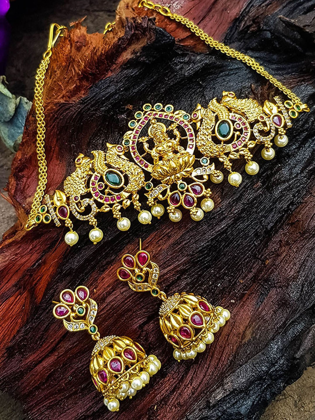 GRIIHAM Premium Gold-Plated AD Stone-Studded Half Choker Lakshmi Goddess Jewellery Set