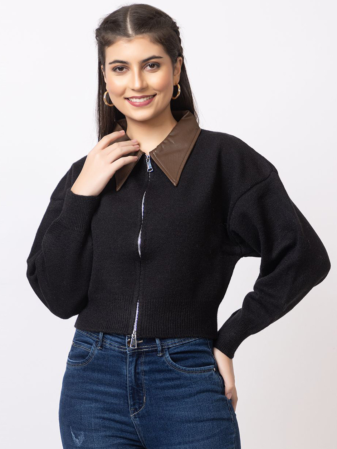 GFO Women Zippered Collared Woollen Sweaters