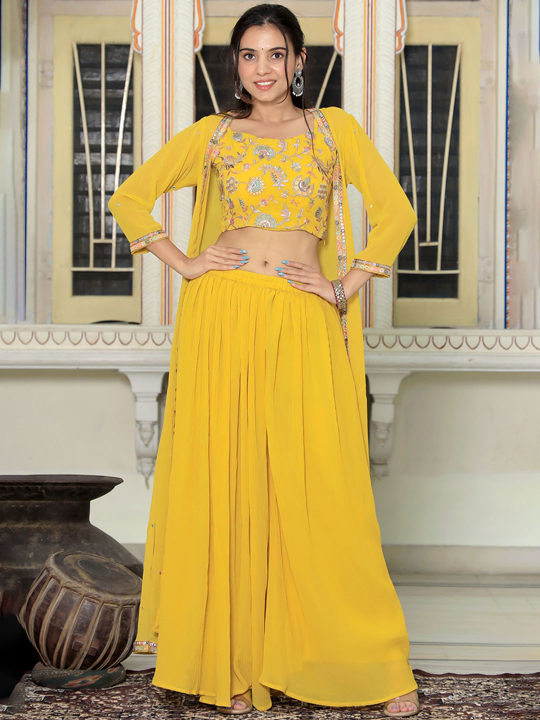 TextileNow Embroidered Top & Shrug with Palazzo Co-Ord Set