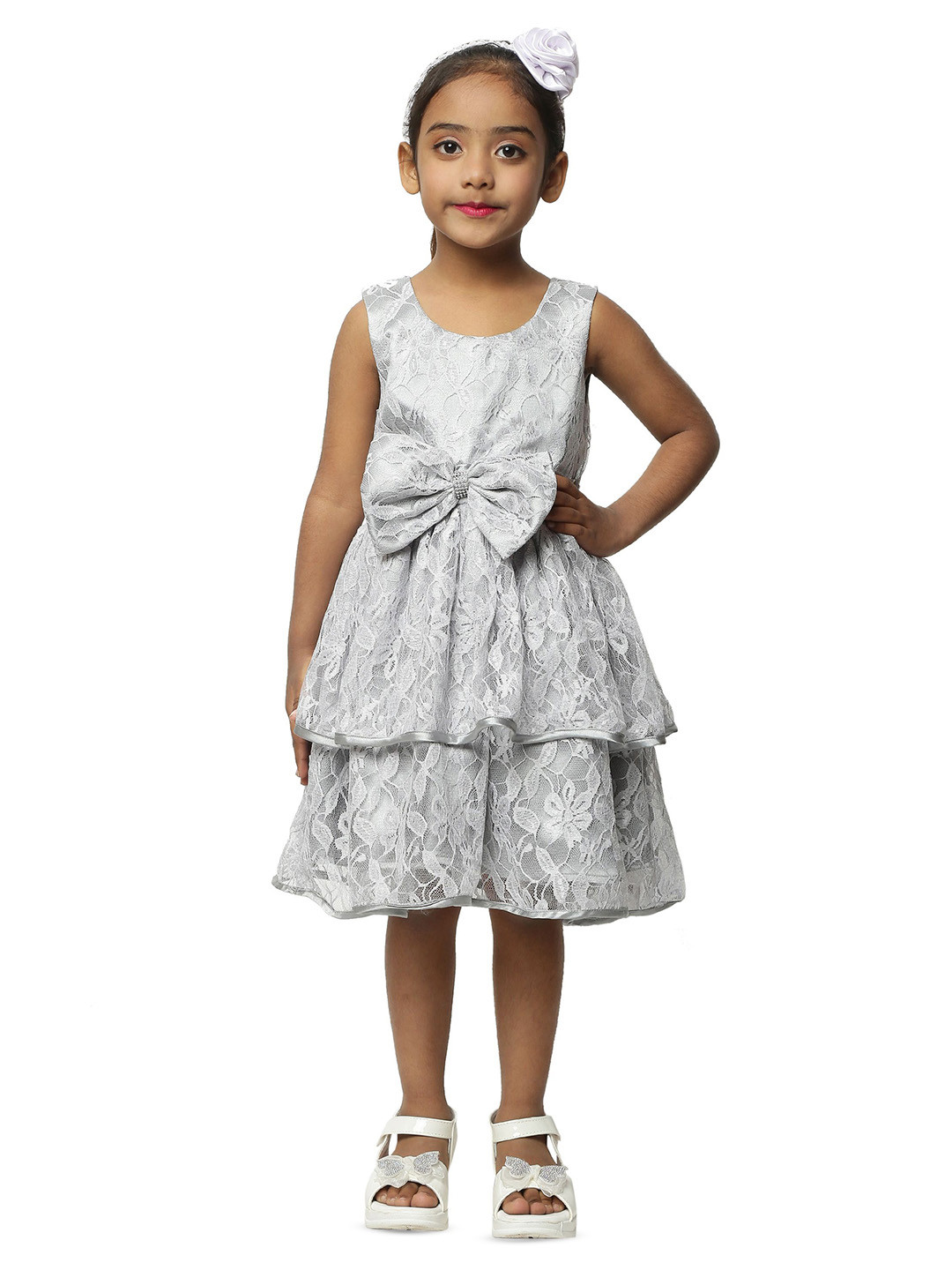 Wish little Girls Bow Detail Self Design Fit & Flare Dress