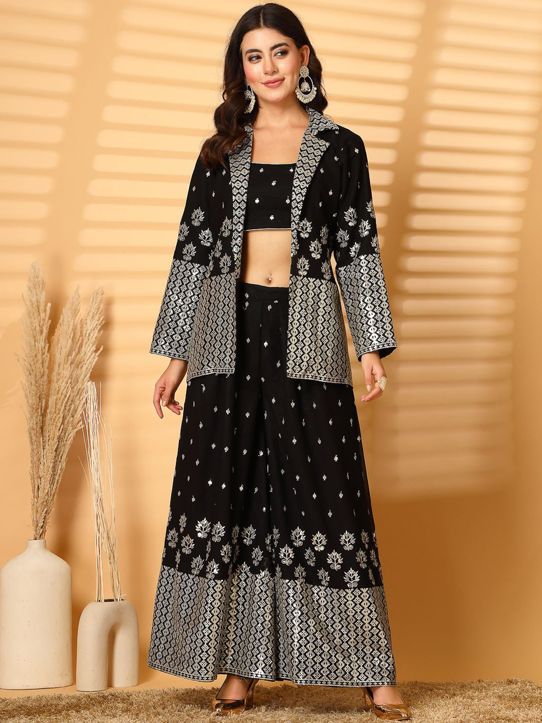 Clora Creation Embroidered Pure Georgette Bustier Top with Sharara & Blazer Co-Ords