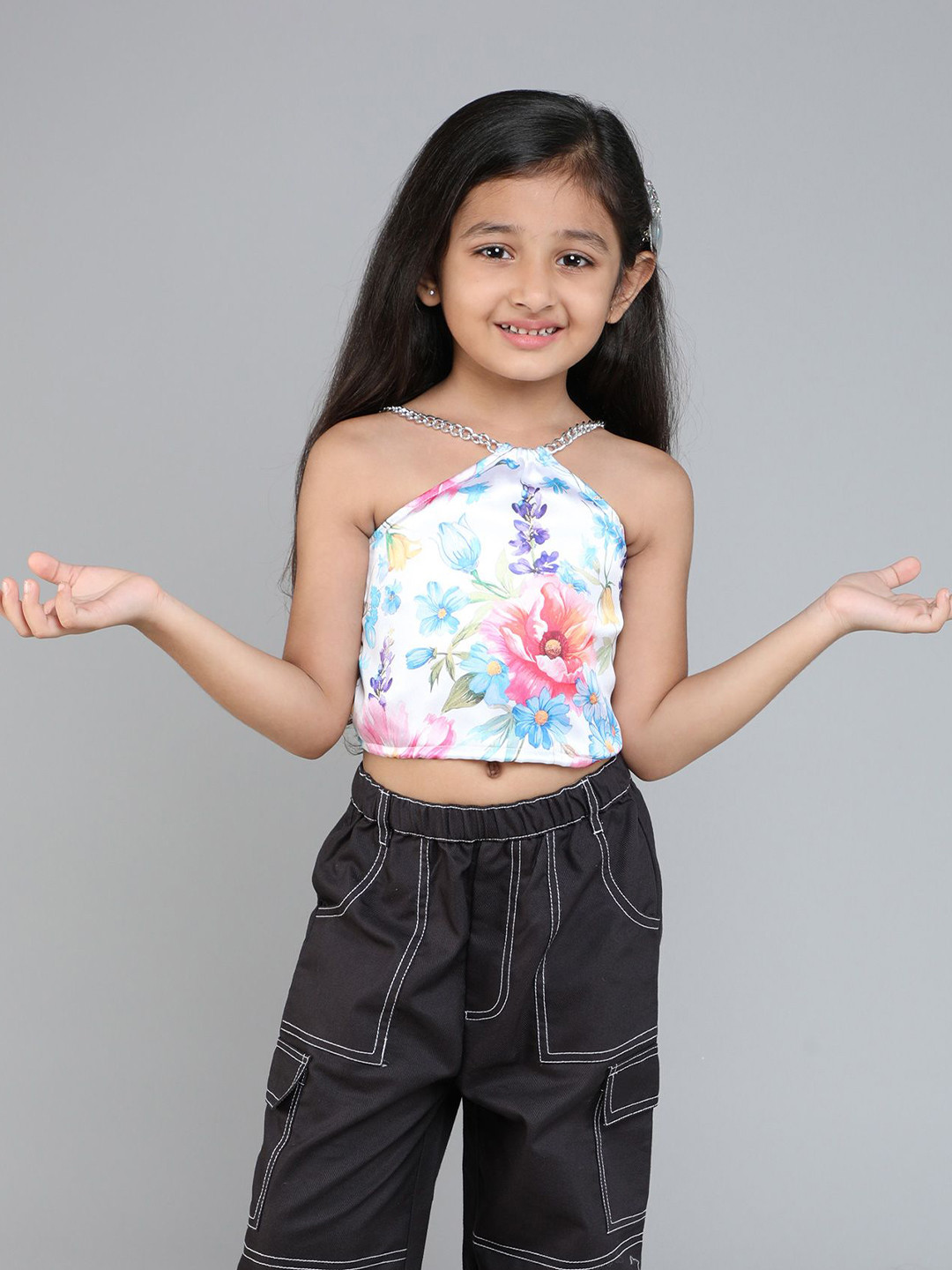 taffykids Girls Floral Halter Neck Satin Crop Top
