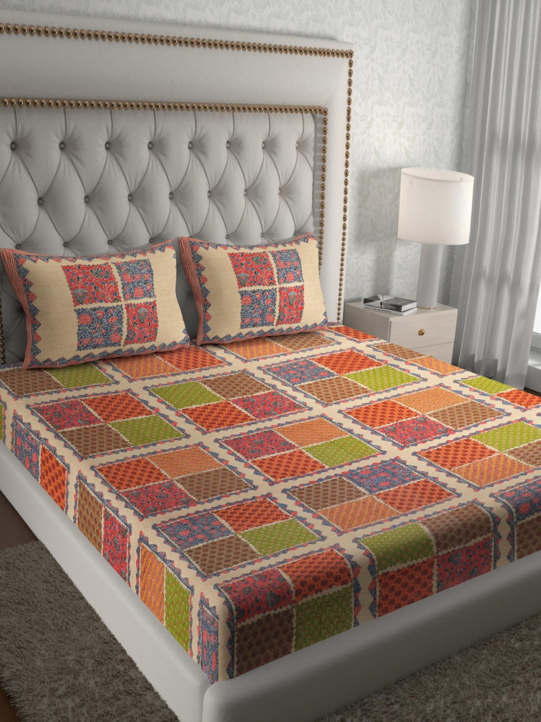 Aura Peach-Coloured & Red Geometric Pure Cotton 120 TC Queen Bedsheet Set  2.35 x 2.15 Mts