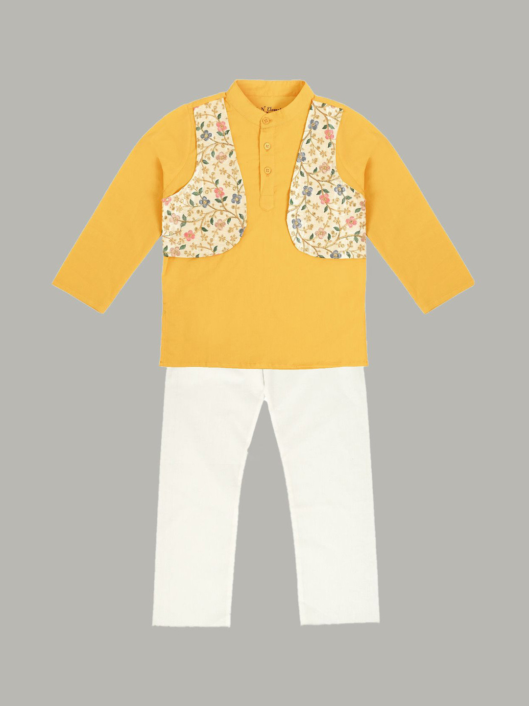 Bold N Elegant Boys Floral Embroidered Sequinned Kurta with Attached Jacket & Pyjamas