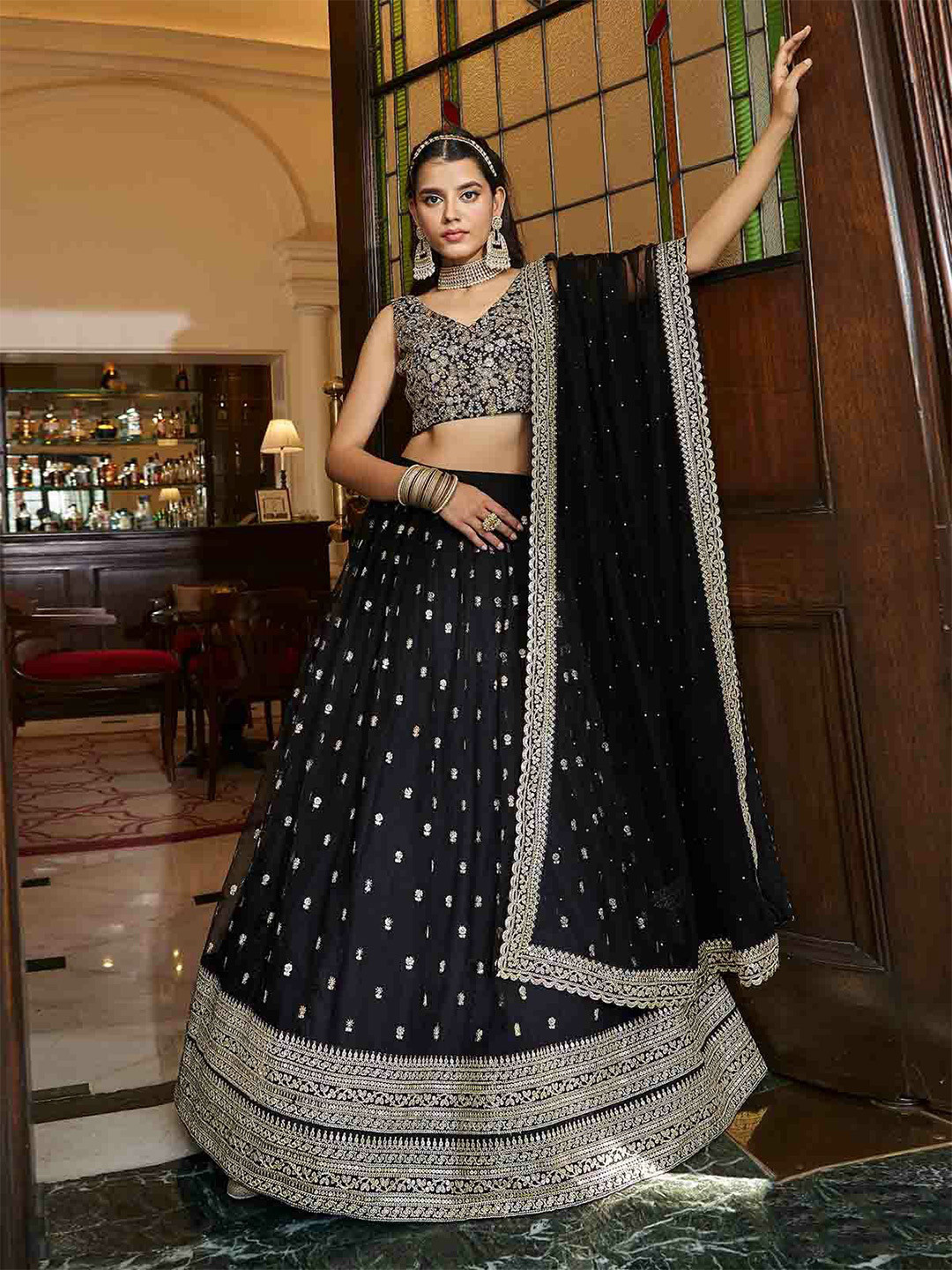 ODETTE Floral Embroidered Thread Work Soft Net Semi-Stitched Lehenga & Blouse With Dupatta