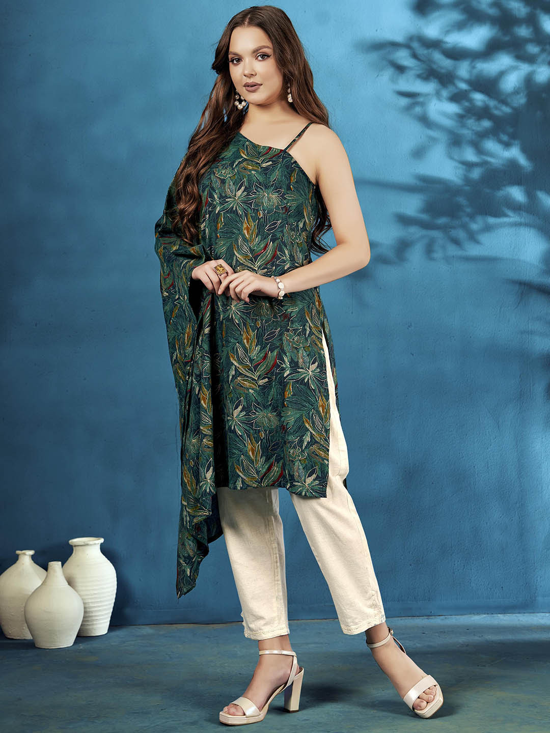 Anouk Teal Green Floral Printed Stylised Neck High-Low Straight Kurta