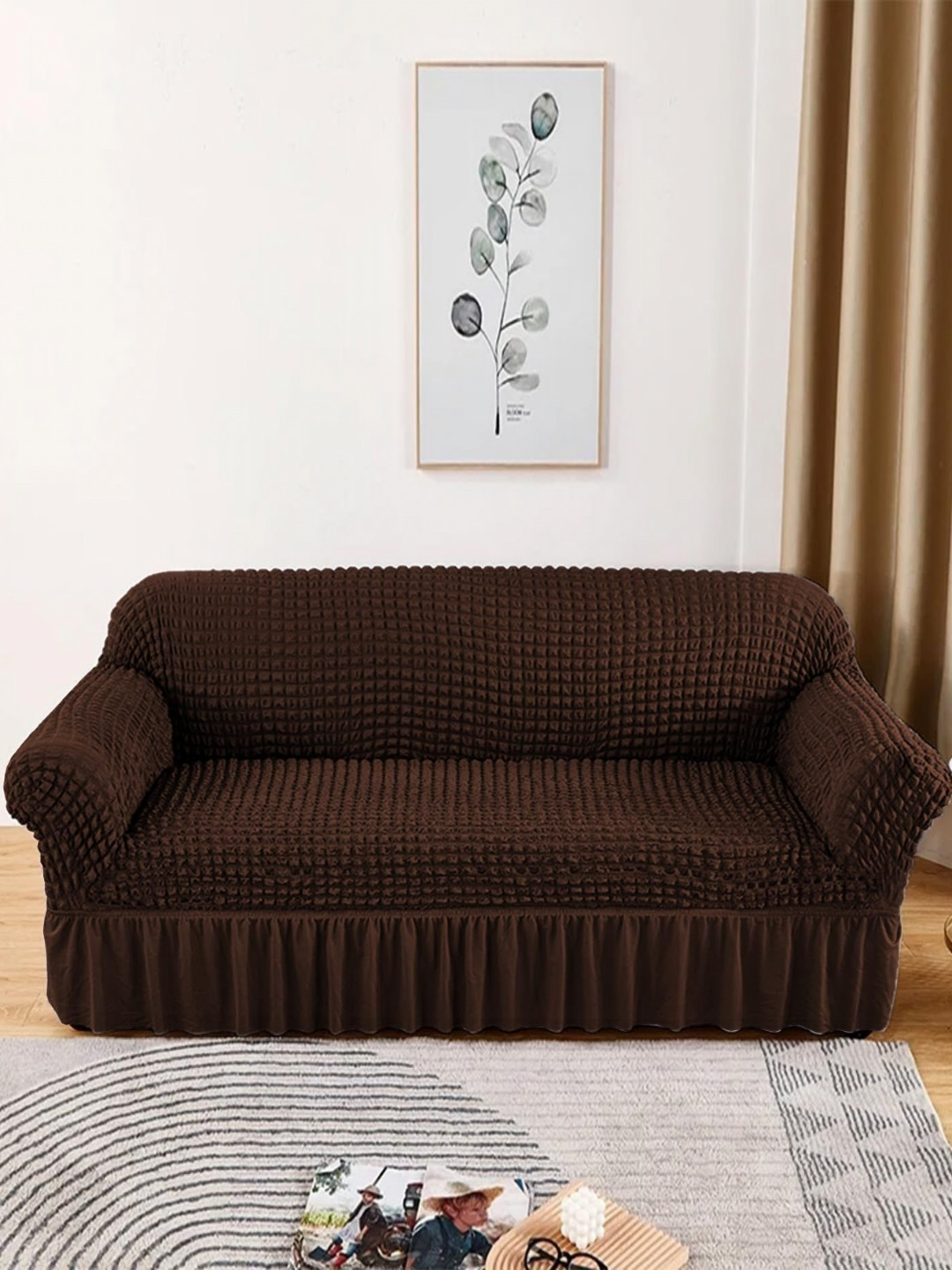 Lukzer Coffee Brown Self Design Sofa Cover With Arms