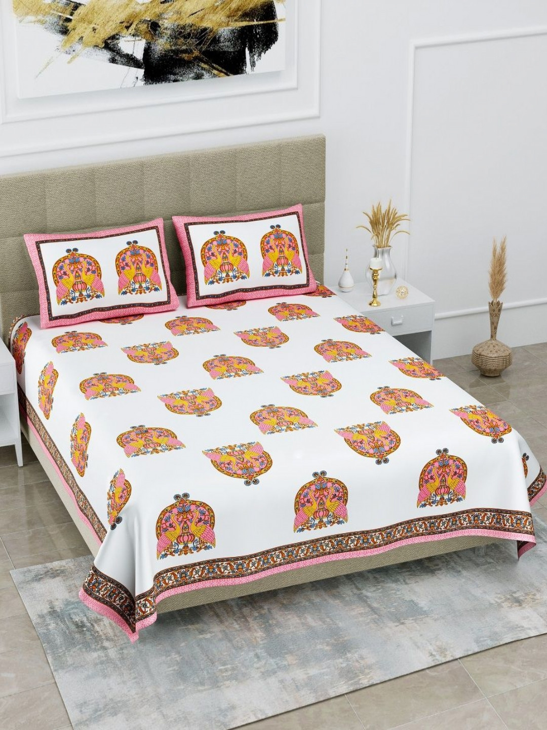 HOMELINE Pink Ethnic Motifs Cotton 180 TC King Fine Bedsheet with 2 Pillow Covers-108 x 100 inches