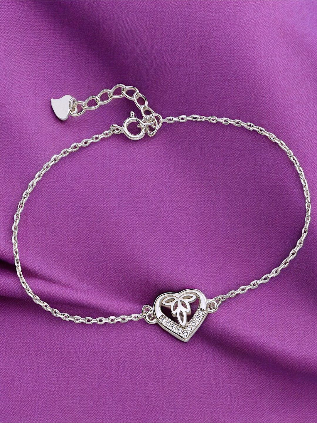 Taraash 925 Sterling Silver Cubic Zirconia Heart Charm Link Bracelet