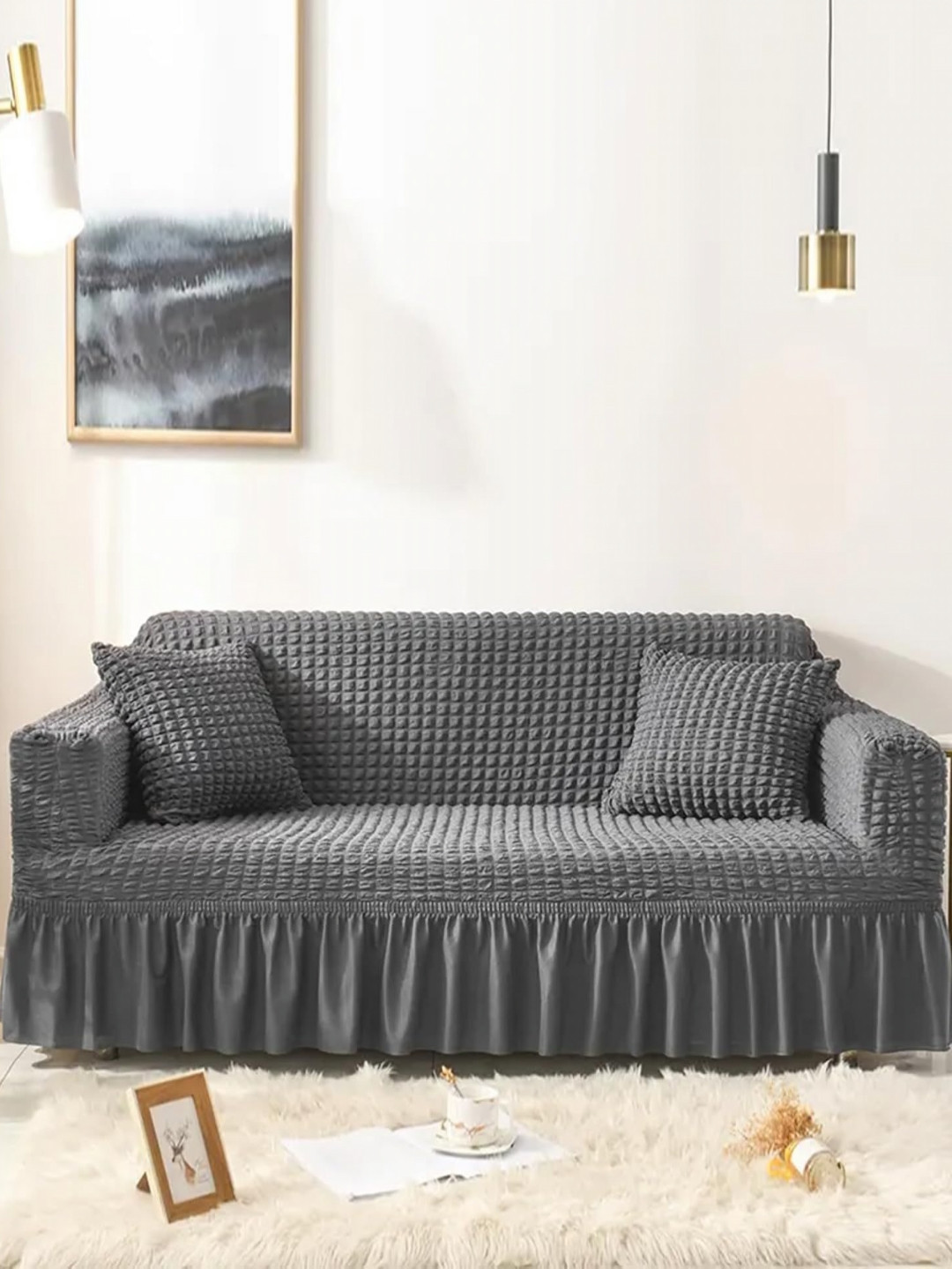 Lukzer Grey Self Design Sofa Cover With Arms