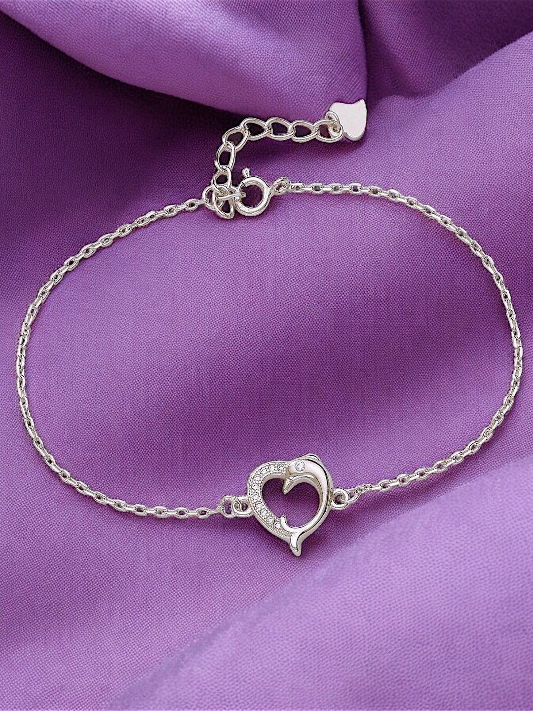 Taraash 925 Sterling Silver Heart & Dolphin Design Cubic Zirconia Link Bracelet
