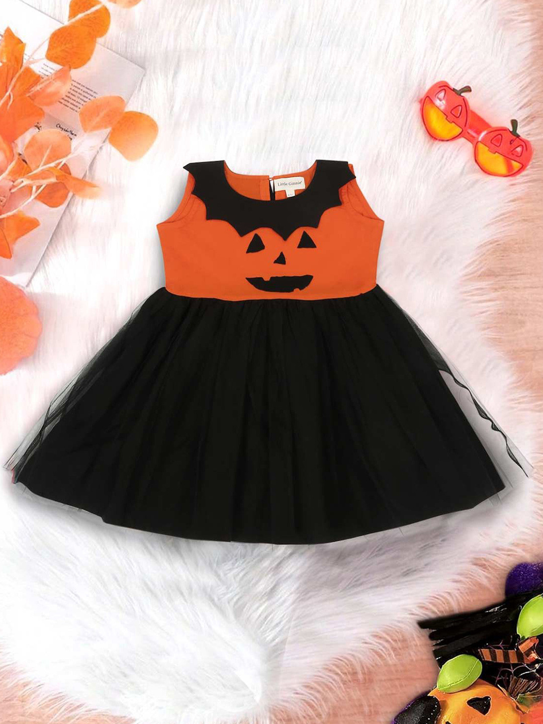 LITTLE GINNIE Girls Halloween Orange and Black Frock Fit & Flare Dress