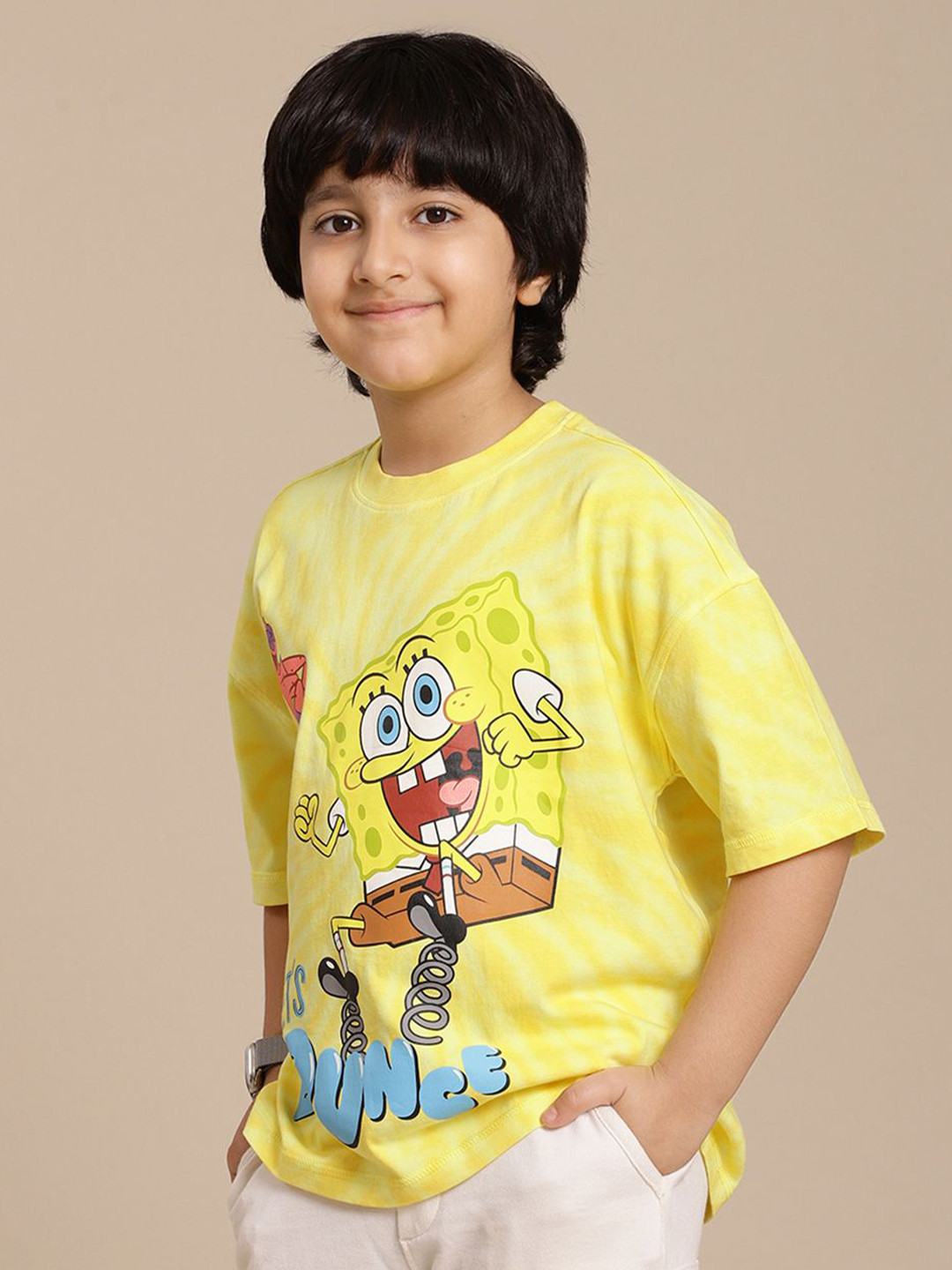 Kids Ville Boys Sponge Bob Graphic Printed Round Neck Cotton Oversized T-shirt