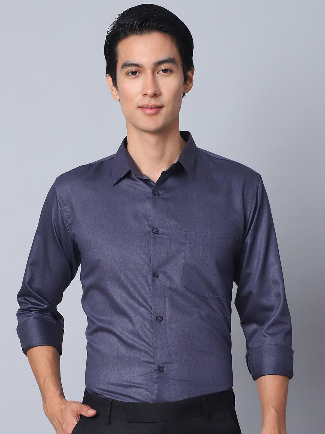 Majestic Man Men Modern Spread Collar Solid Poly Silk Slim Fit Formal Shirt