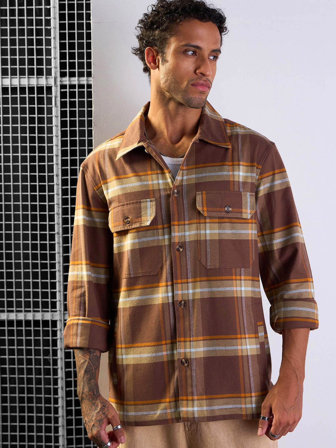 MASCLN SASSAFRAS Men Spread Collar Checked Cotton Oversized Casual Shacket