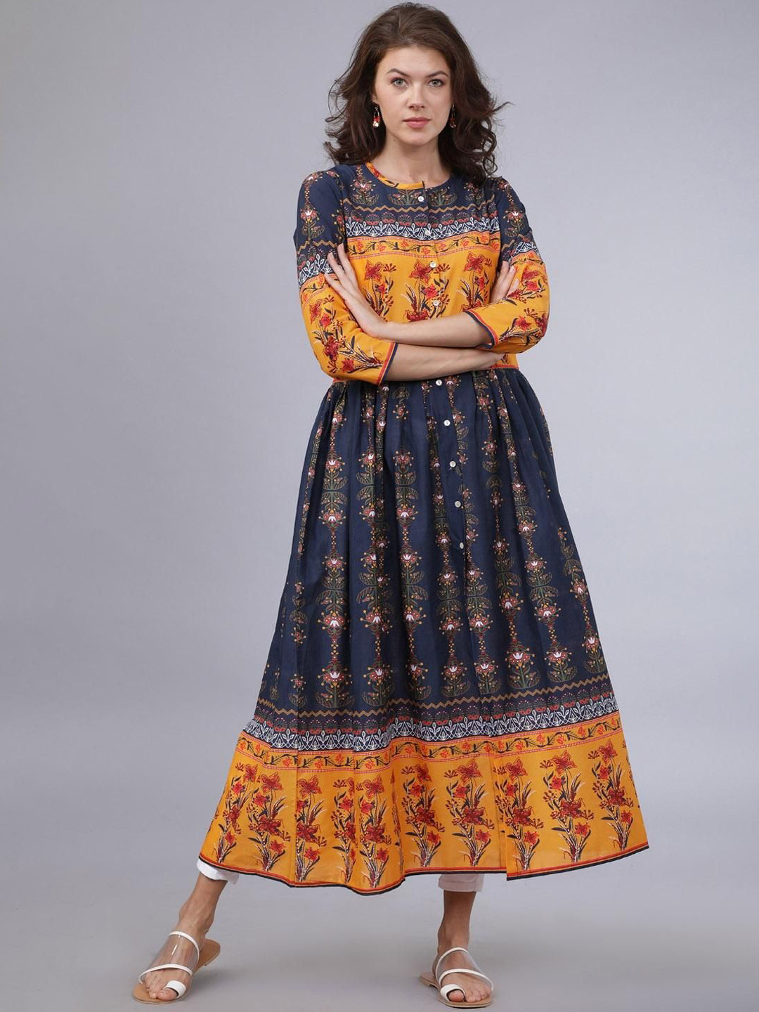 Vishudh Floral Printed Round Neck Three-Quarter Sleeves Pure Cotton Anarkali Kurta