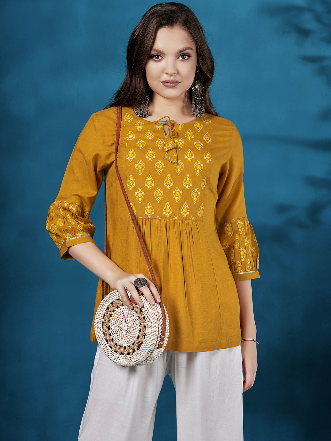 Anouk Mustard Yellow Ethnic Motifs Printed Tie-Up Neck A-Line Kurta