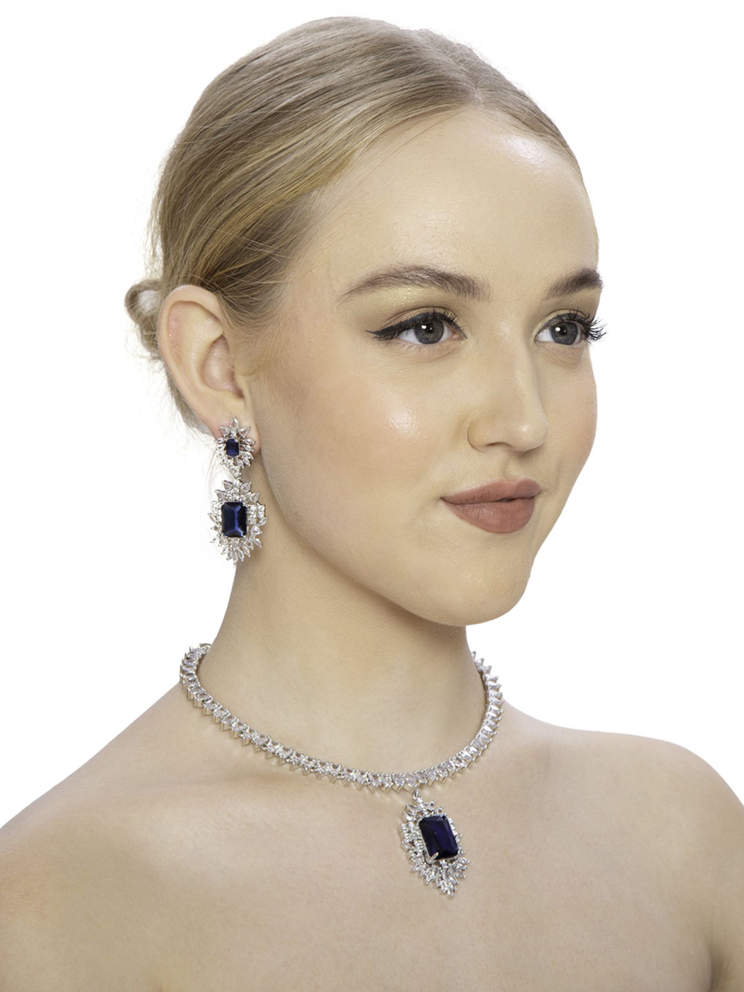 Ladymania Silver-Plated American Diamond-Studded Jewellery Set