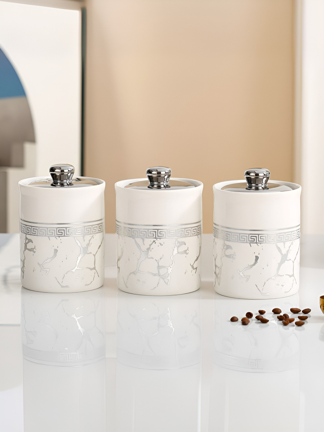 Umai White Marble Ceramic Stain Resistant 3 Piece Clip-On Canister-700ml