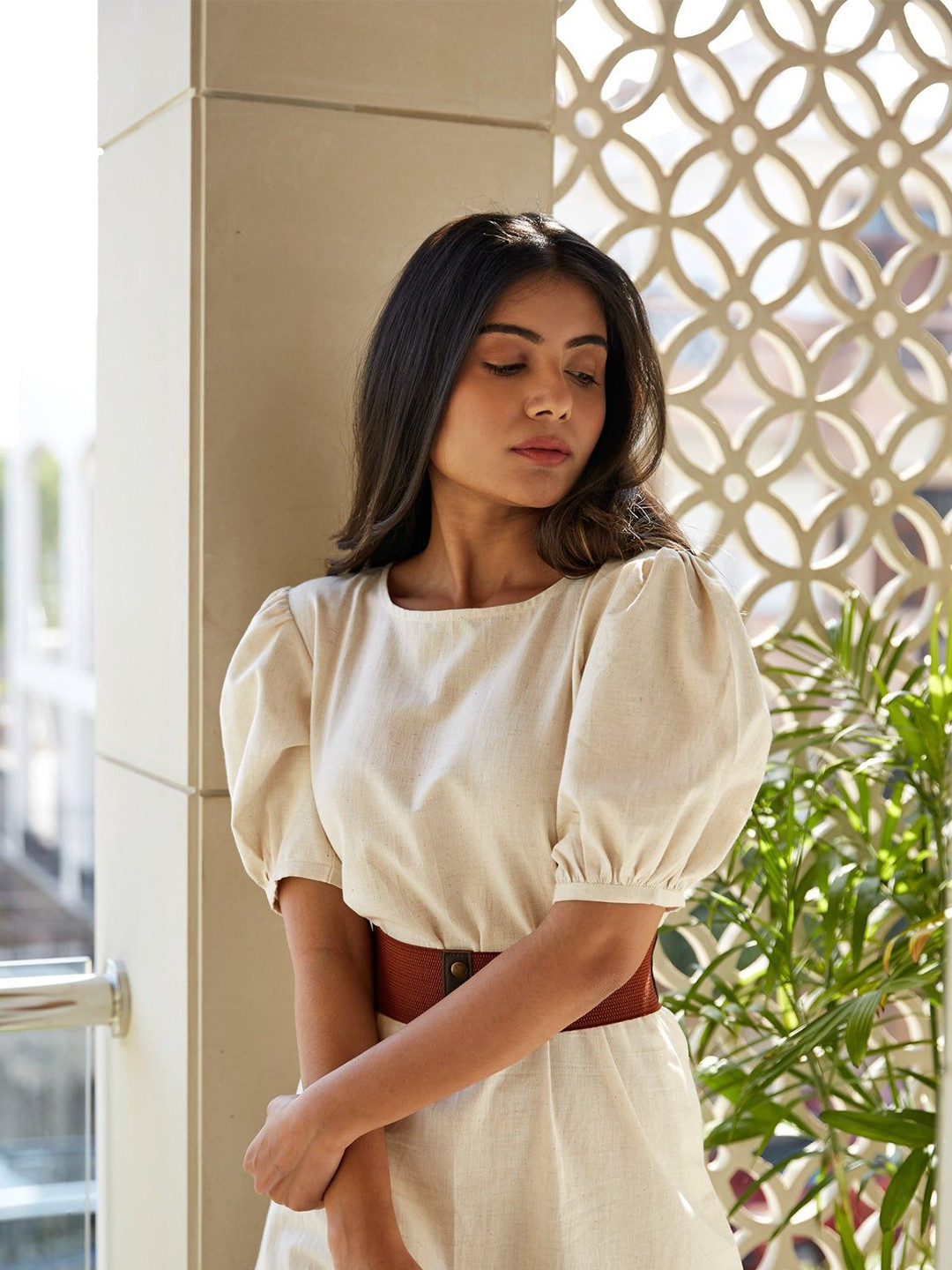 NANGALIA RUCHIRA Puff Sleeve Sheath Khaki Women Cotton Dress