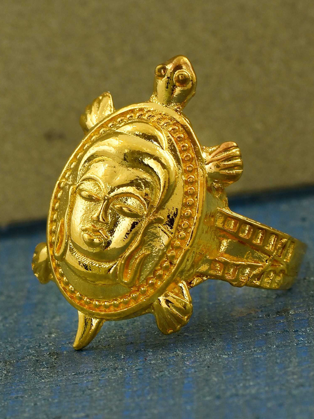 MEMOIR Unisex Gold Plated Vastu Fengshui Budha Head On Tortoise Finger Ring
