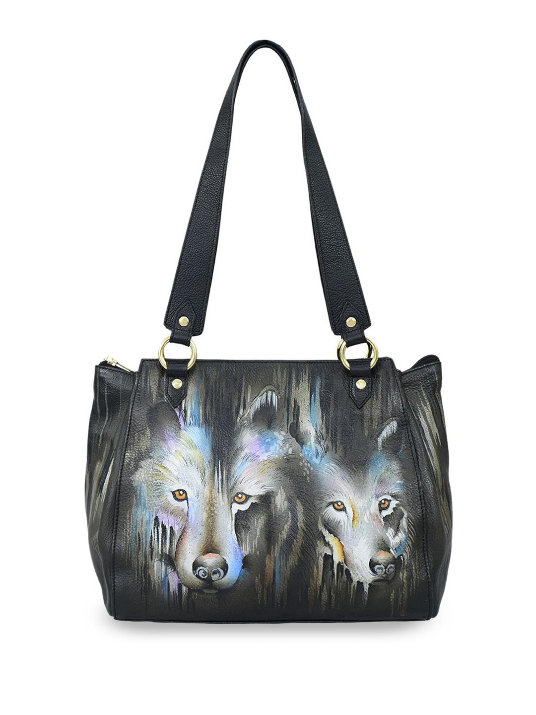 Anuschka Women Evening Wolves Taupe Hand Painted Leather Medium Tote Handbag