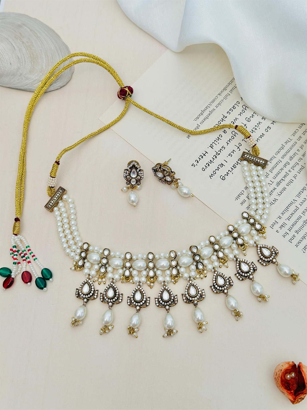 ABDESIGNS Gold-Plated Polki American Diamond-Studded & Beaded Choker Jewellery Set