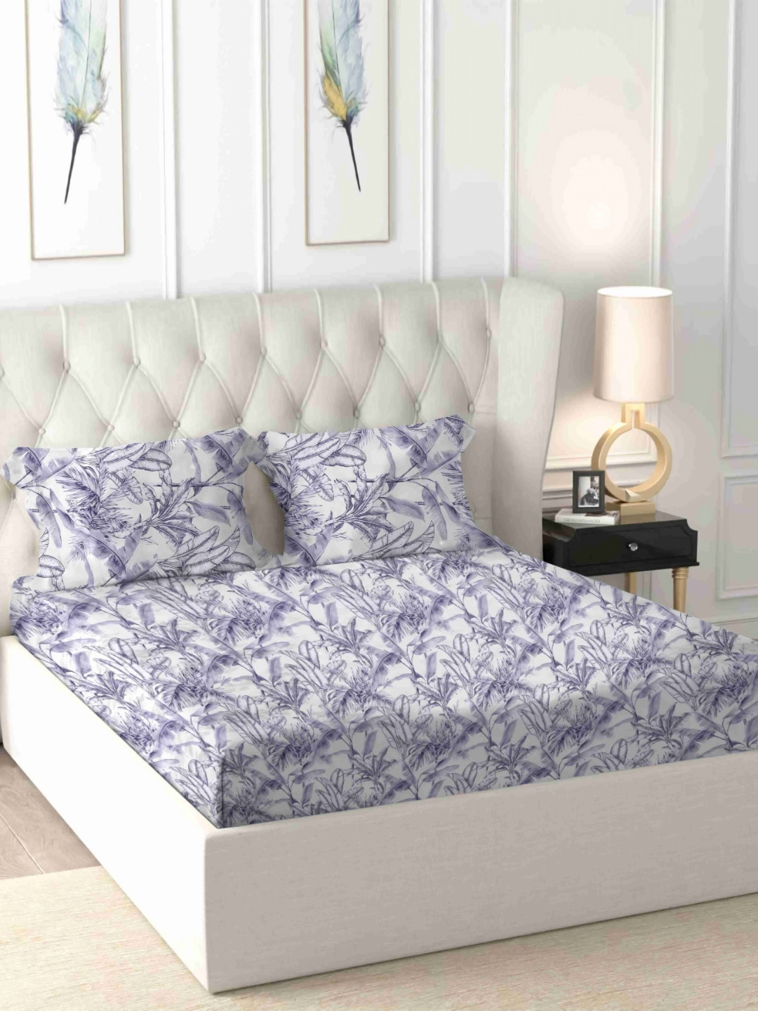 Star Weaves Purple Floral Polycotton 300 TC Fitted King Fine Bedsheet with 2 Pillow Covers-71 x 71 inches