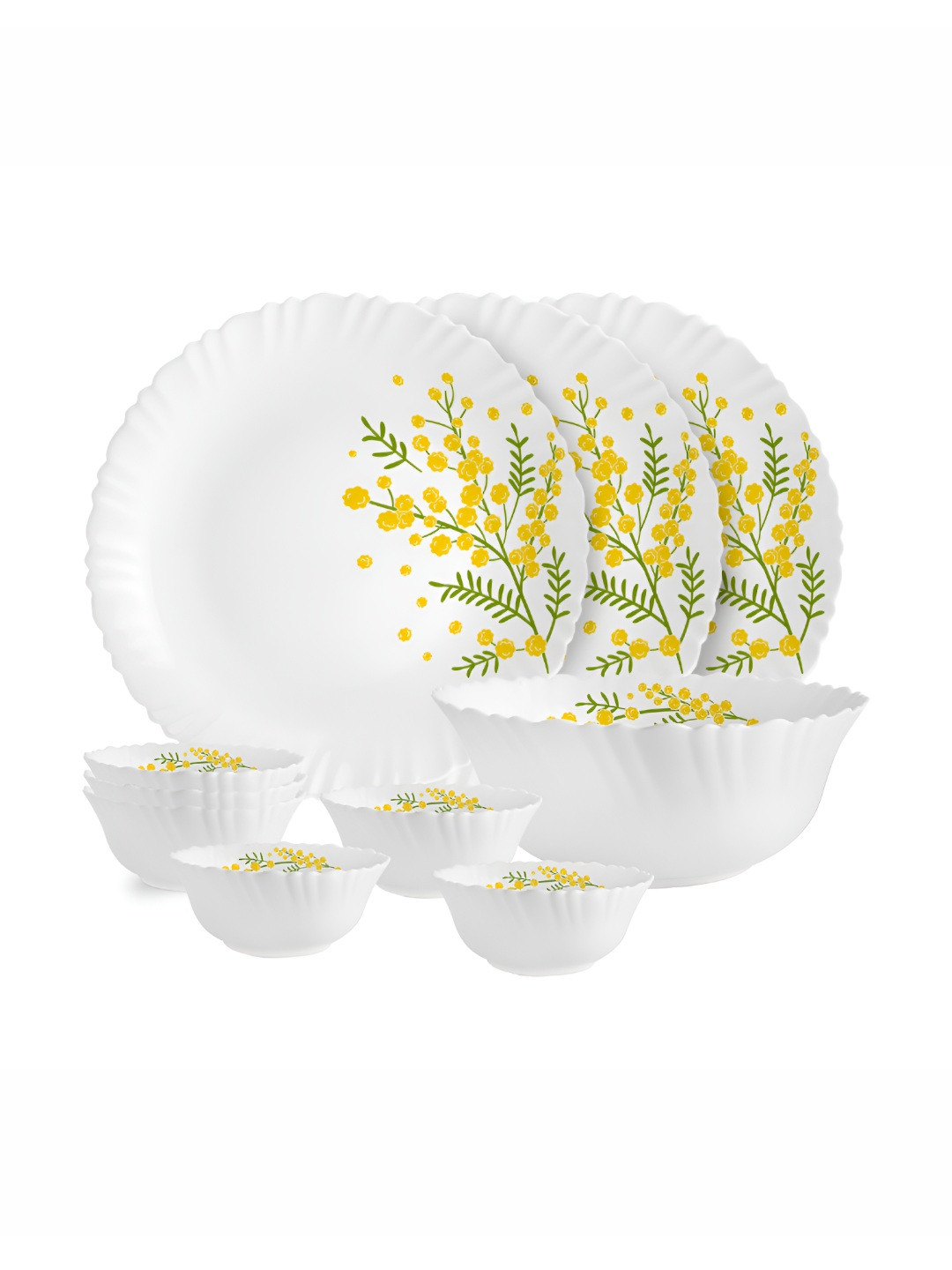 Cello Dazzle White and Yellow 10 Pieces Floral Printed Opalware Microwave Safe Dinner Set