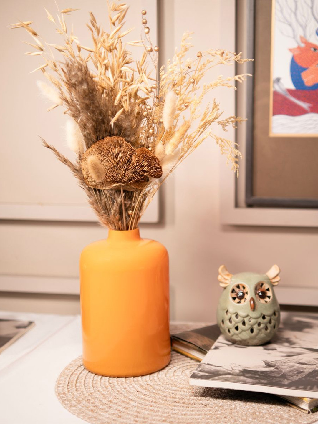 ArteCasa Orange Elegance Glass Vase With Naturally Dried Flower Bunch