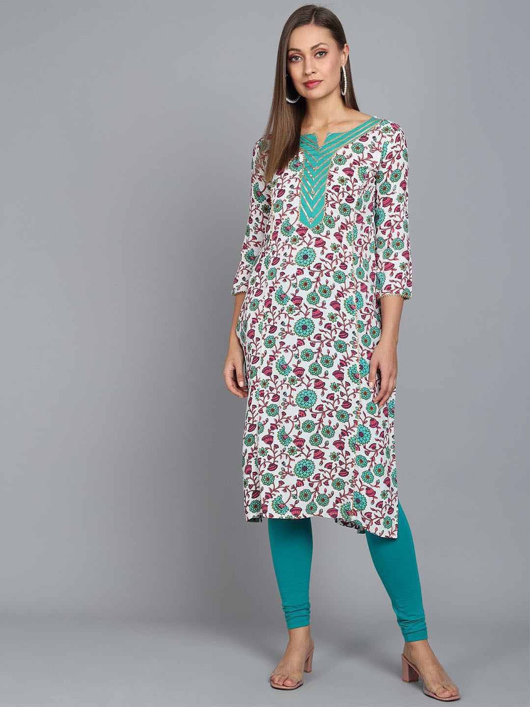 Anouk White & Turquoise Green Floral Printed Notch Neck Liva Straight Kurta
