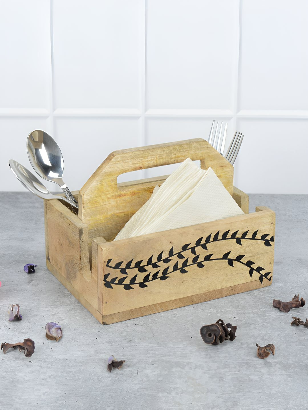 Maison Modern Brown & Black Floral Printed Wood Cutlery Holder