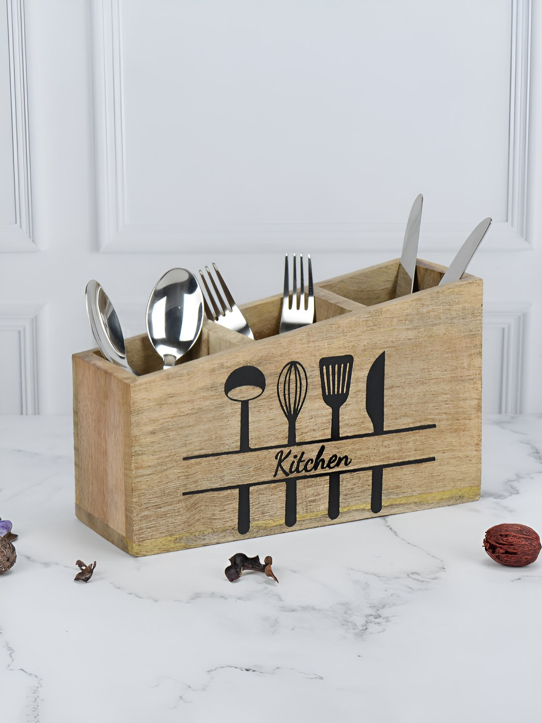 Maison Modern Brown & Black Printed Wood Cutlery Holder