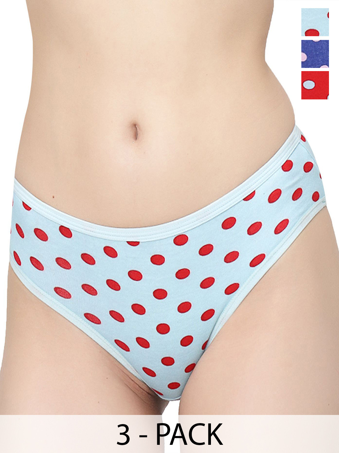 Docare Pack Of 3 Printed Cotton Bikini Briefs Yummy Panty-Red-Royal Blue-TBlue